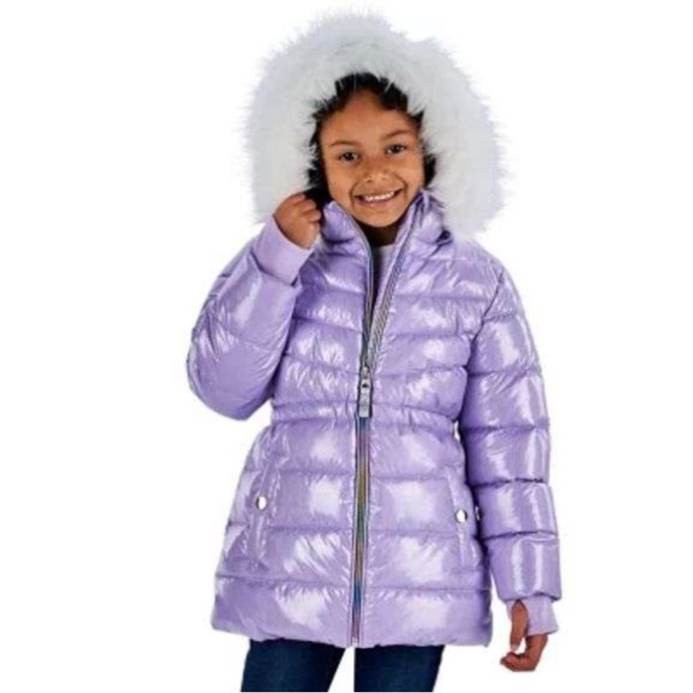 Member’s Mark Purple Iridescent Shiny Zip Up Fur Trim Coat Puffer Jacket 3T